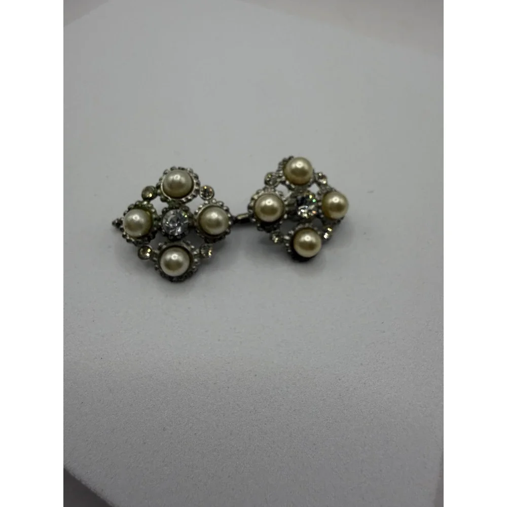 Vintage Faux Pearl Rhinestone Silver Tone Cufflinks Mid Century Formal Wedding